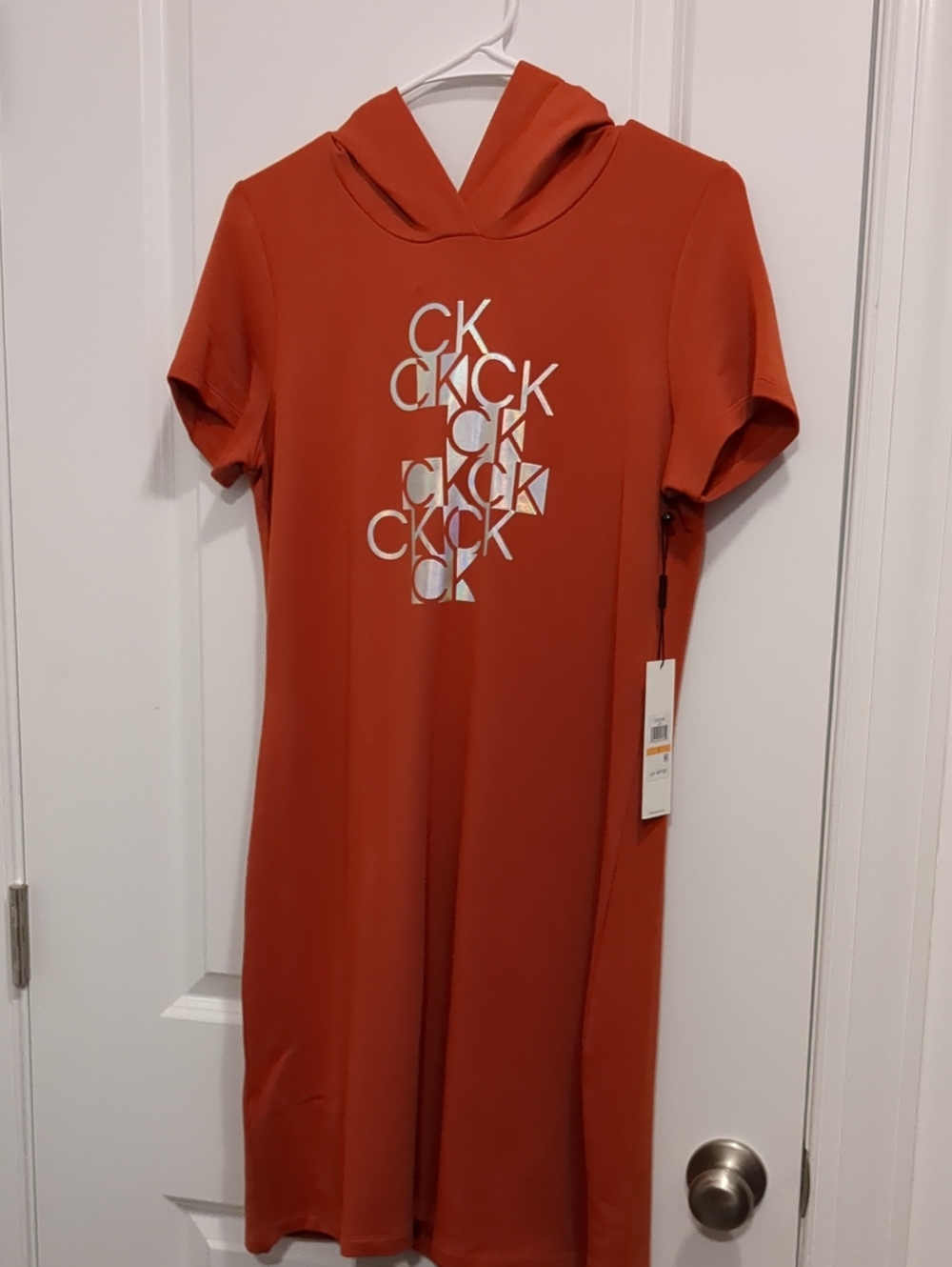 Calvin Klein Girls' Short Sleeve Hooded Dress in Rust Orange with Logo